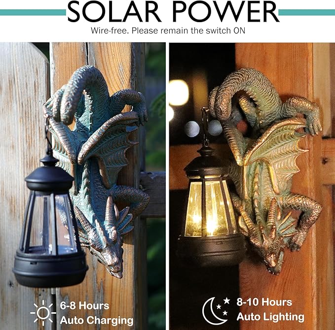 Solar Dragon Tree Hugger Statue Wall Decor - Gothic Garden Statue with Solar Lantern, Outdoor&Yard Decor, Fantasy Dragon Figurine for Trees, Walls, or Fences - Unique Gift for Adults, Men & Women