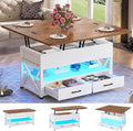 Itaar 40" Lift Top Coffee Table, 4 in 1 White Coffee Tables with Storage for Living Room, Small Coffee Table with 2 Drawers & LED Light for Dining Room, White and Rustic Brown