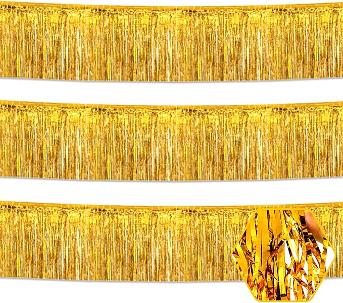 3 Pack 10 Long Gold Metallic Foil Fringe Garland Wall Hanging Tassle Banner, Mother's Day, Easter, Parade Floats, Birthday, Theme Party, Wedding Party Decorations