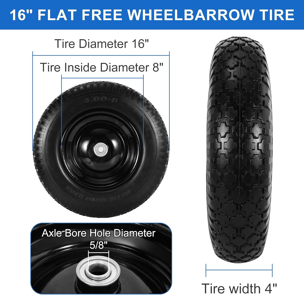 16" Flat Free Wheelbarrow Tires, 4.80/4.00-8" Flat-Free Solid Tire with 5/8" Axle Bore Hole for Wheelbarrow Lawn Mover Trolley Dolly Go Kart Replacement (2 Pack)