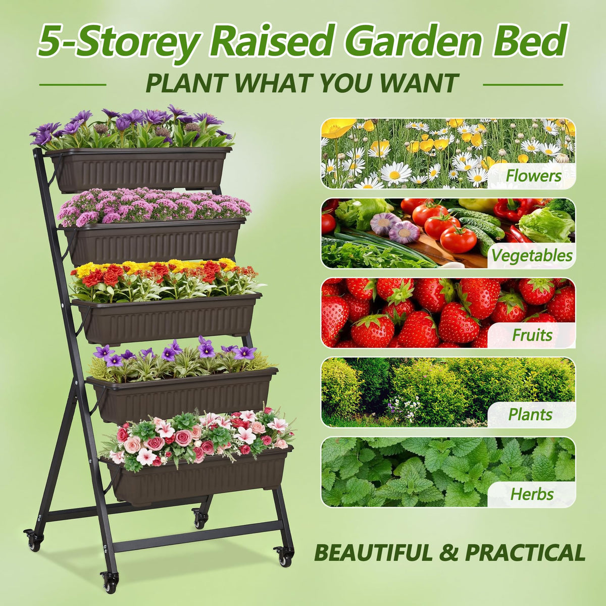 VECELO 5-Tier Vertical Garden Bed, Freestanding Elevated Raised Garden Planter with 5 Garden Planter Boxes, Lockable Caster Wheels, Drainage System, for Plants, Vegetables, Flowers, Herbs