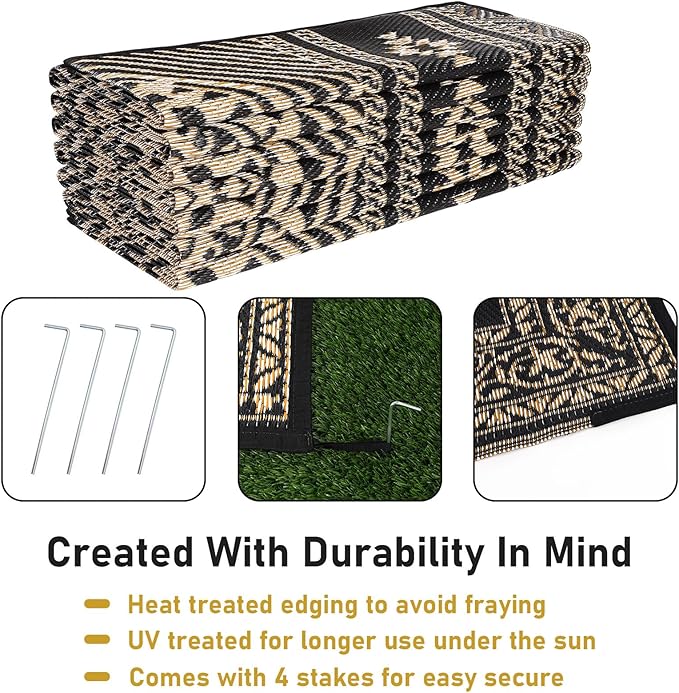 HiiARug Outdoor Rug for Patio Clearance,10'x14' Waterproof Mat,Beach Mat,Reversible Plastic Camping Rugs,Rv,Front Porch Decor,Deck,Camper,Balcony,Backyard,Boho Black