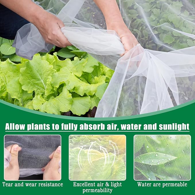 10 X 50 FT Garden Mesh Netting Kit Pest Barrier for Raised Beds, Fruit Tree Netting with 10 Sets Garden Hoops & 20 Clips for Cicadas Bird Insect, Blueberry Bush Netting Cover for Garden Protection