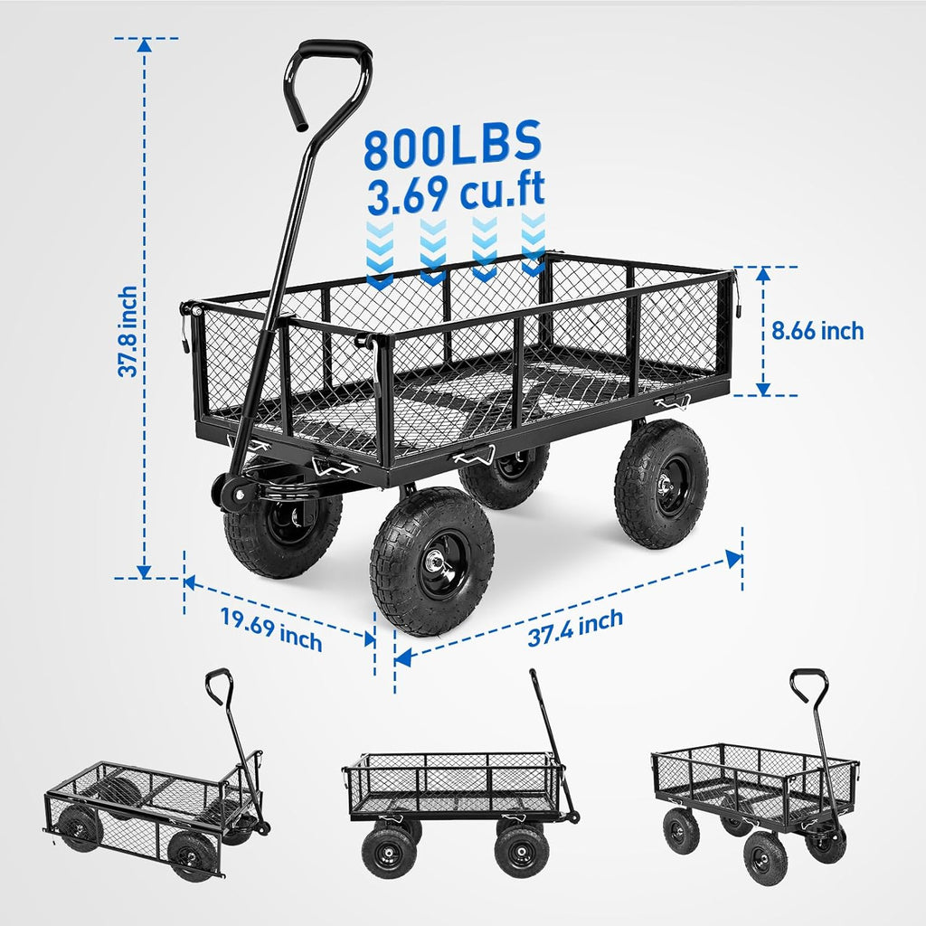 Yesker Steel Garden Carts - 800lbs Dump Wagon with All Terrain Inflatable Wheels for Yard Lawn Farms Gardening - Heavy Duty Utility Outdoor Hauling Wheelbarrow
