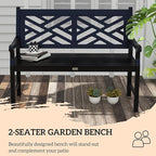 Outsunny Outdoor Garden Bench, Wooden Frame Patio Bench with Geometric Pattern, 43.25 Inch Weatherproof 2-Person Love Seat for Garden, Lawn, Porch, Yard, Work Entryway, Black