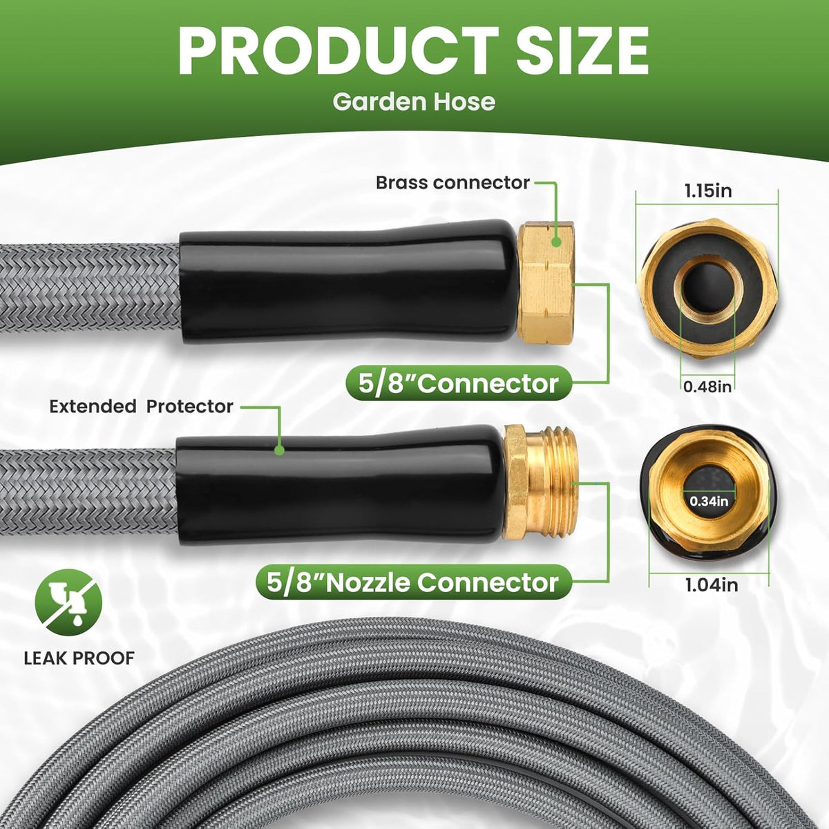 KLABB 36FT Garden Hose 5/8" with Solid Brass Connectors & 10-Function Nozzle, Lightweight Flexible PET Steel Hose with Adjustable Straps, No-Kink, Rustproof & Leak-Free for Garden & Outdoor Cleaning