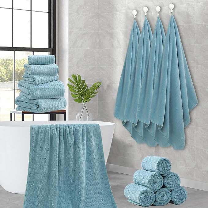 18 Piece Family Bath Towel Set Include 6 Bath Towels,6 Hand Towels and 6 Washcloths Soft Bathroom Towel with Hanging Loops,Highly Absorbent Quick Dry Towels Set for Bathroom,Hotel and Spa-Turquoise