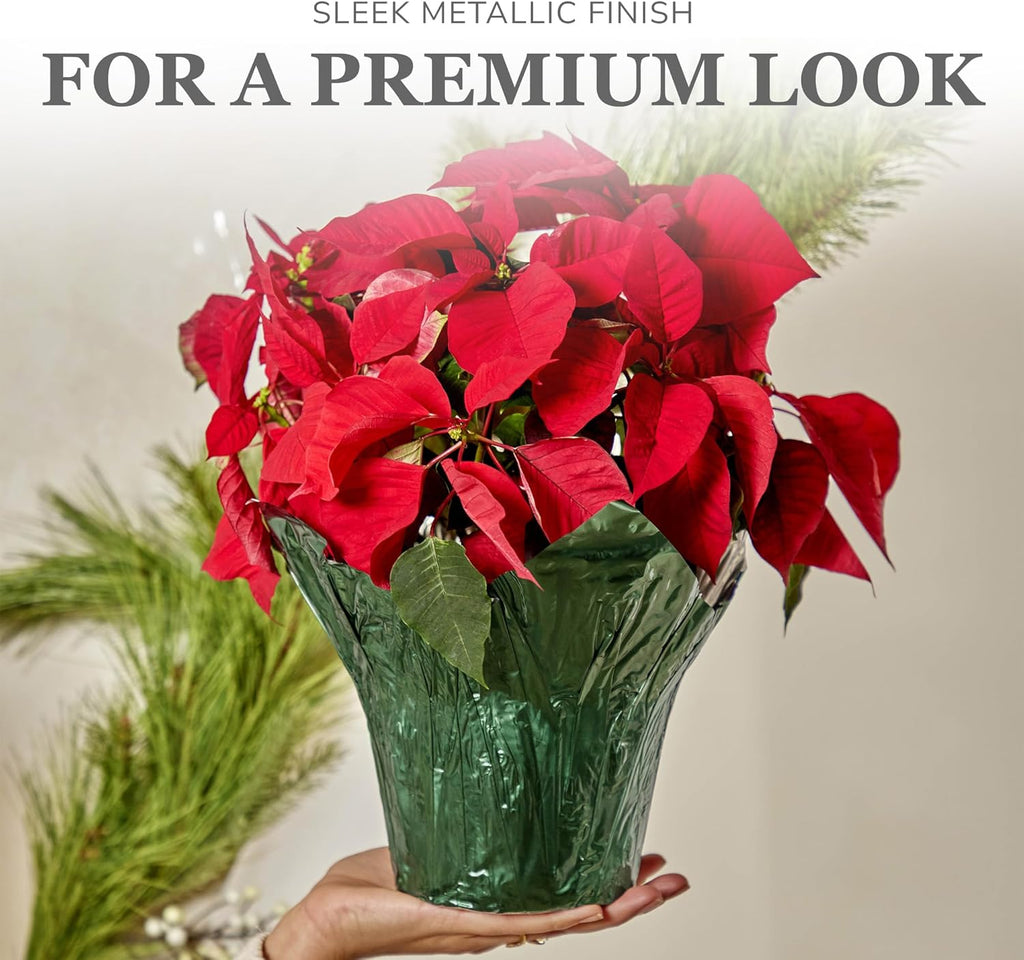 4.5” STD Plant Pot Covers, Decorative Plant Sleeve for Indoor & Outdoor House Plants, Reusable and Gift-Ready Foil Wrap for Flower Pots, Evergreen, Pack of 5