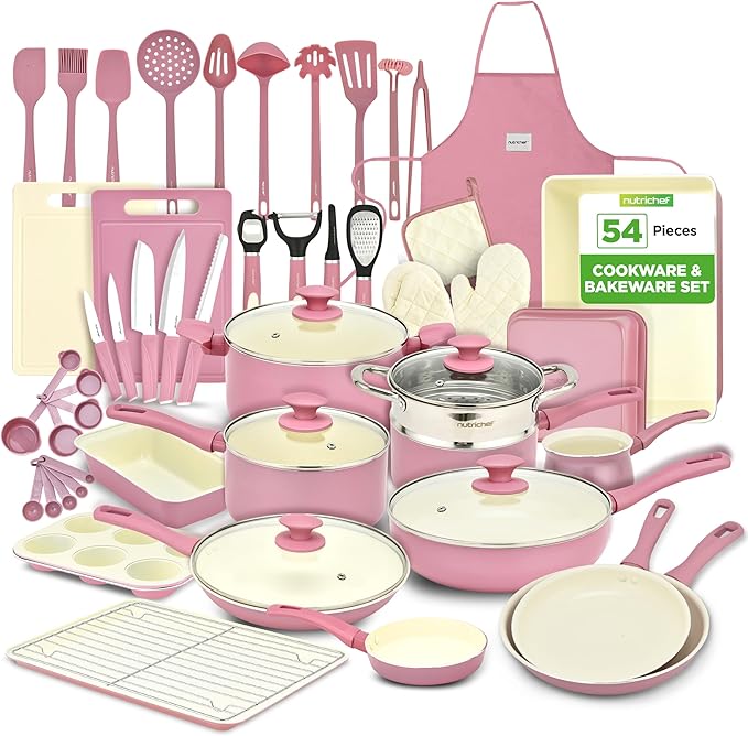 NutriChef 54-Piece Kitchen Cookware Set – Complete Non-Stick Ceramic Pots and Pans Set with Utensils, Bakeware, and Knife Set, Gas, Electric & Induction Compatible, Blush Pink Kitchen Essentials