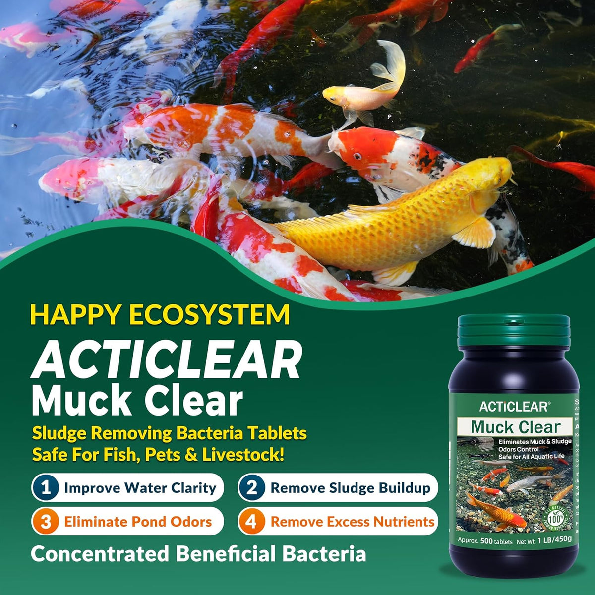 Muck Clear – Natural Pond Sludge Treatment, 500 Tablets for Ponds, Fountains & Bird Baths, Beneficial Bacteria & Enzymes, Chemical-Free & Safe for Fish, Pets & Wildlife