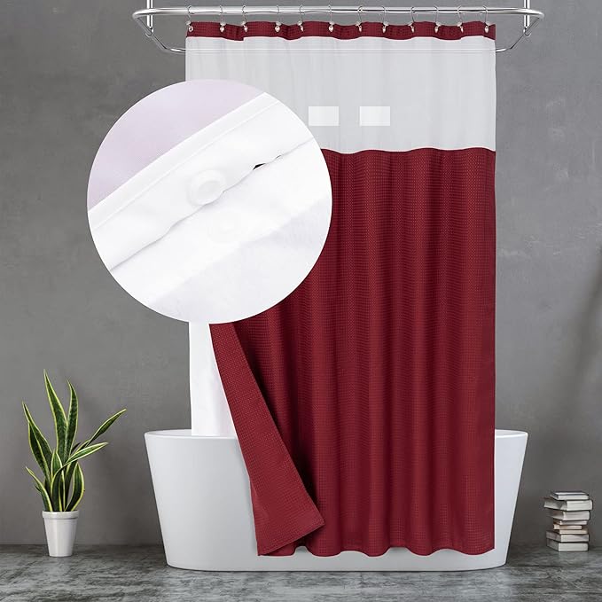 N&Y HOME Waffle Weave Shower Curtain with Snap-in Fabric Liner & 12 Metal Hooks Set - Hotel Style, Waterproof & Washable, Heavyweight Fabric & Mesh Top Window - 71x72, Wine Red