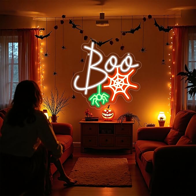 Boo Neon Sign Ghost Neon Light Lets Get Spooky Neon Light Halloween Home Decor Light, Orange White BOO Bat Neon Sign for Trick or Treat Party Backdrop Bedroom Club Bar Festival Gift
