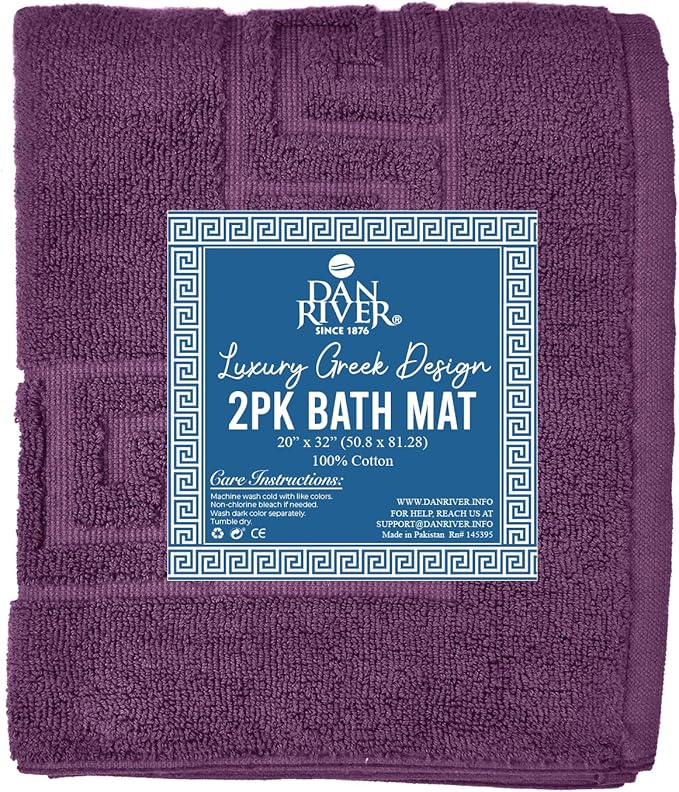 DAN RIVER Greek Bath Mat - Purple Passion, 100% Ring Spun Cotton, Pack of 2, 20x32 inches, 800 GSM, Non-Slip, Absorbent, Quick Drying, Machine Washable Bathroom Floor Mats for Shower, Kitchen & Bath