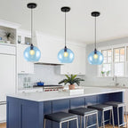 Blue Pendant Lights Kitchen Island Lighting Modern Globe Hand Blown Glass Pendant Light Ceiling Hanging Light fixtures for Kitchen Island Bedroom Living Dining Room Light Fixture,7.8in 2Pack