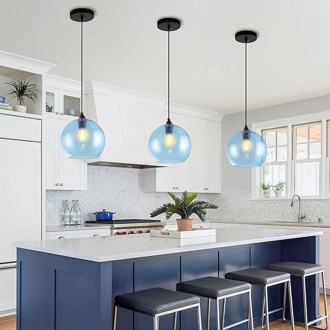 Blue Pendant Lights Kitchen Island Lighting Modern Globe Hand Blown Glass Pendant Light Ceiling Hanging Light fixtures for Kitchen Island Bedroom Living Dining Room Light Fixture-11.8in