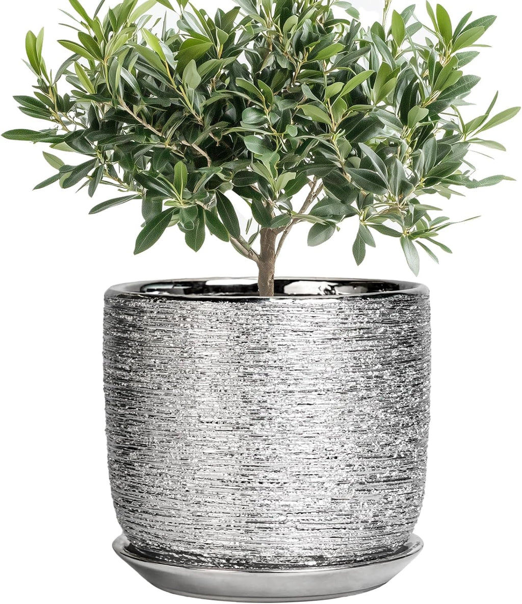 Ceramic Pot for Plants 8 Inch - Ceramic Flower Pot Indoor with Drainage Hole and Saucer, Decorative Round Indoor Planter, Plant Lover Gifts, Patio Home Office House Decor, Silver