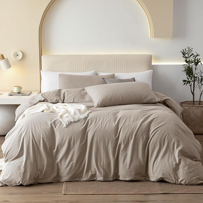 JIYUAN 100% Washed Cotton Duvet Cover Set Oversized King, 1 Duvet Cover 120"x98" (Comforter Not Included) and 2 Pillowcases,Linen Feel Bedding Set Comfy and Breathable, Heathered Tannish Linen Grey