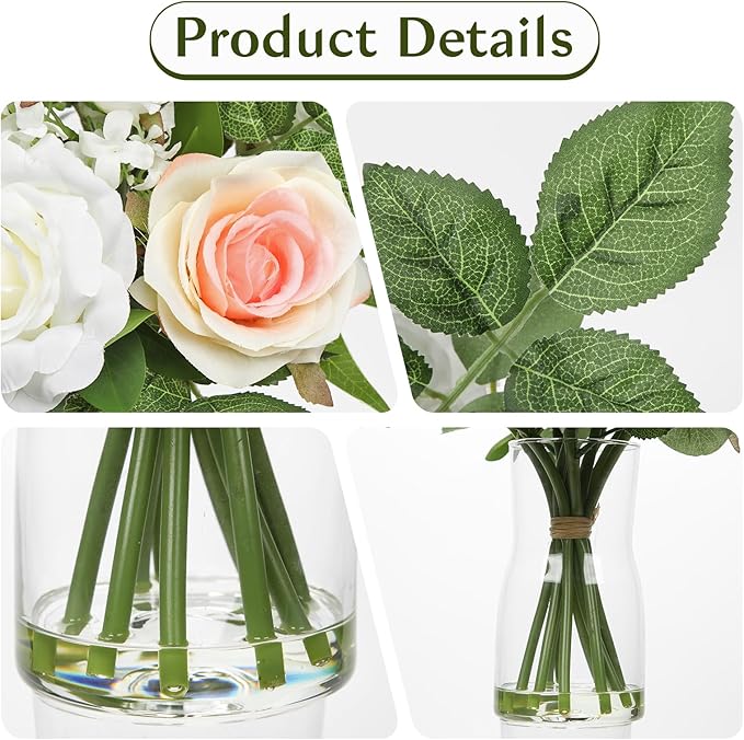 Hollyone Faux Flowers in Vase Artificial Silk Rose Flowers with Faux Eucalyptus Plants Arrangement with Vase Rose Flowers Bouquets Table Centerpieces Decorations Living Room Office Bathroom Home Decor