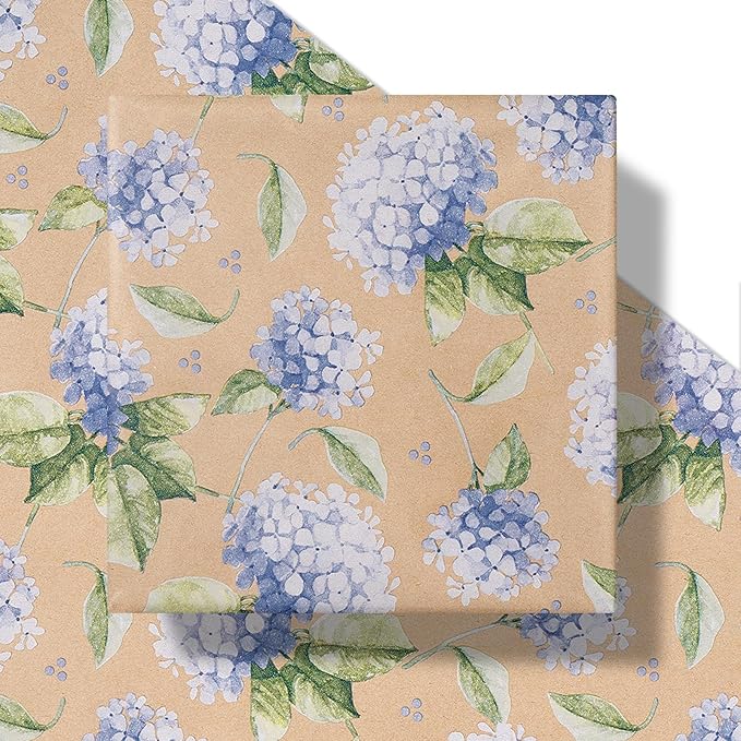 RUSPEPA 30" X 32.8' Hydrangea Wrapping Paper Large Kraft Paper Roll, Jumbo Roll, Purple Floral Kraft Gift Wrap for Women, Girl, Spring, Wedding and Mother's Day Celebration, 82 sq. ft