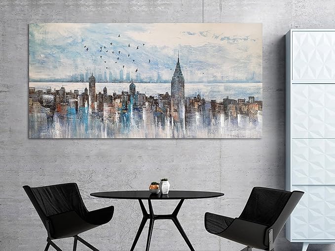 Arjun Cityscape Wall Art New York City Skyline Buildings Picture Modern Abstract Grey NYC Skyline Birds City View Painting Framed Artwork for Bedroom Living Room Home Office Decor Extra Large 58"x29"