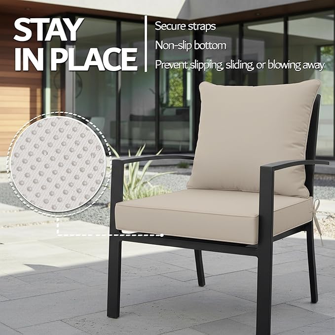 22x22 Inch Patio Chair Cushion with Removable Cover, Outdoor Furniture Cushion - Water-Repellent, Fade-Resistant, Non-Slip Bottom & Straps, Replacement for Lawn, Porch & Deck Chair - Cream