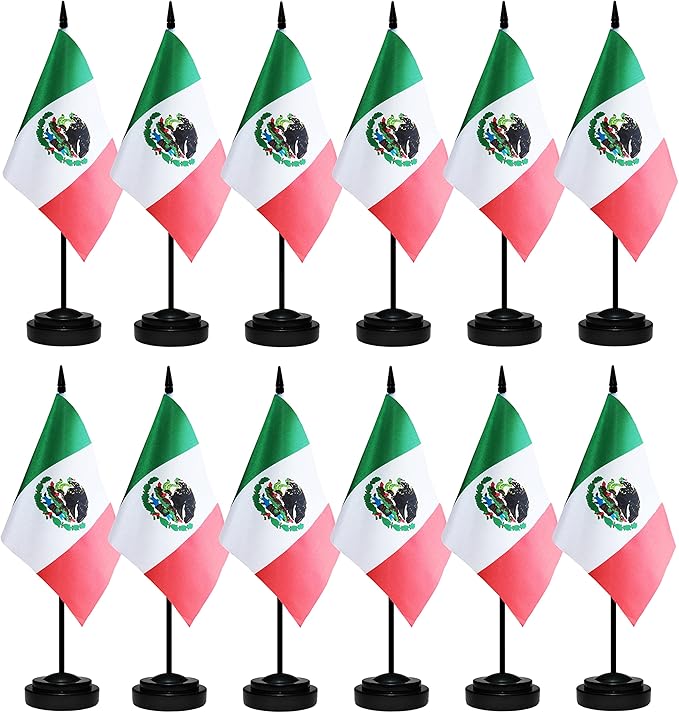12 Pack Mexico Desk Flags Set, Mexican Small Mini Table Office Flags with 12" Solid Black Pole, 8.2 x 5.5 Inches, Home and Office Decoration, Festival Celebrations