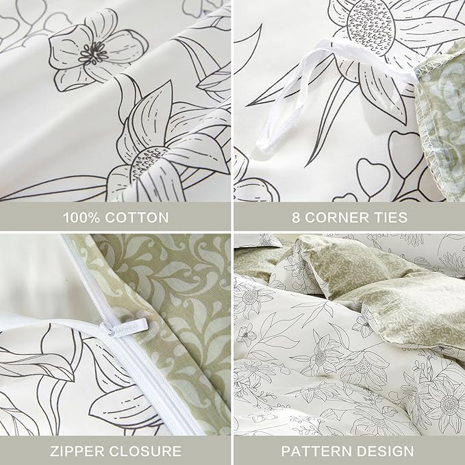 SAPHREAS Drawing Sunflower Duvet Cover Set Queen Size 3pcs Flower Printed White Bedding Comforter Cover Set 100% Cotton 1 Duvet Cover 90"x90" 2 Pillow Shams, Comforter Not Included