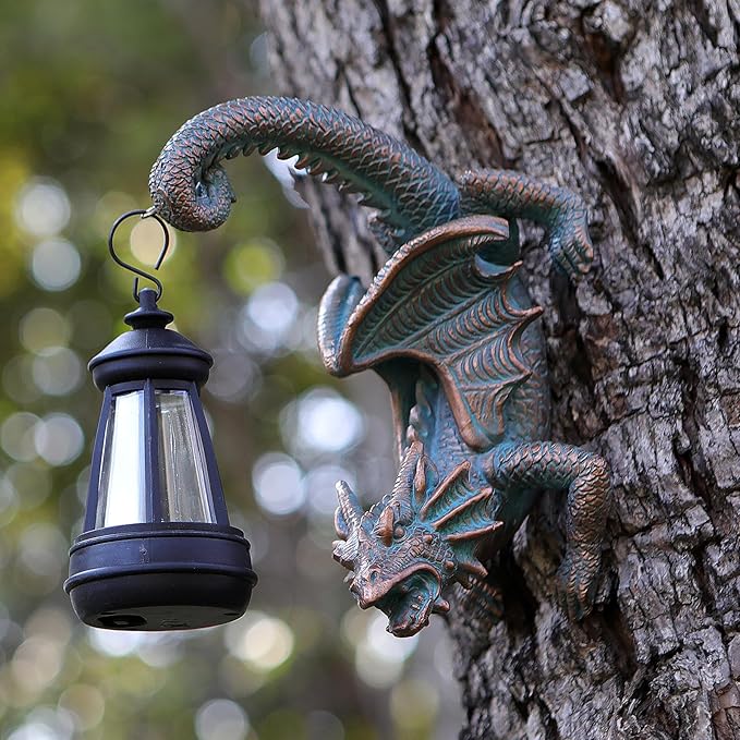 Solar Dragon Tree Hugger Statue Wall Decor - Gothic Garden Statue with Solar Lantern, Outdoor&Yard Decor, Fantasy Dragon Figurine for Trees, Walls, or Fences - Unique Gift for Adults, Men & Women