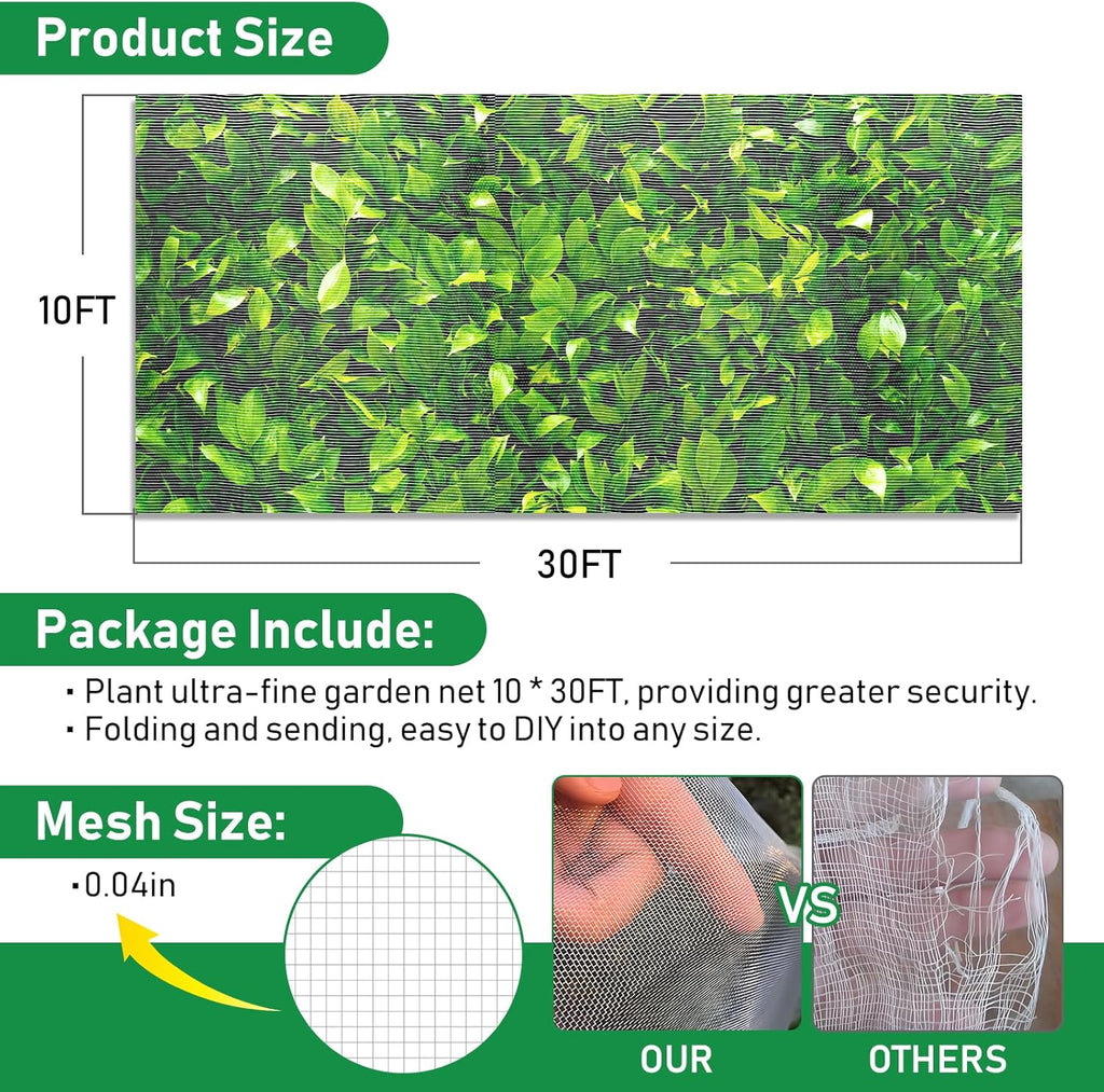 2Pack 10x30ft Garden Netting Mesh Barrier, Ultra Fine Mosquito Net for Patio,Garden Netting for Raised Beds,Fruit Tree Netting for Garden Protection Blueberry Bush Netting Cover