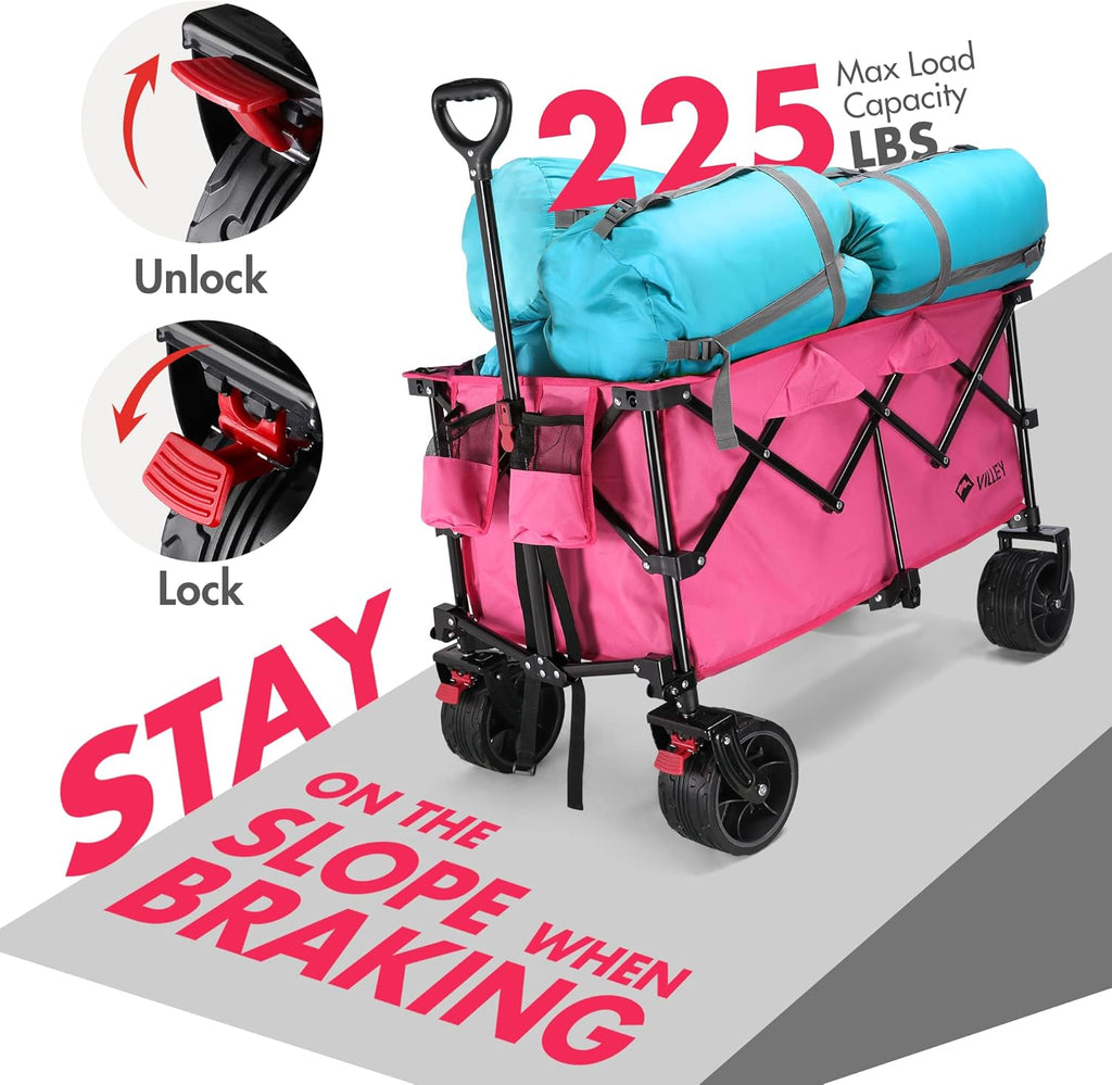 VILLEY Collapsible Folding Wagon with Big Wheels, Enlarged 225lbs Capacity, All Terrain Wagons Carts Heavy Duty Foldable, Portable Utility Garden Cart with 2 Cup Holders and Brake, Pink