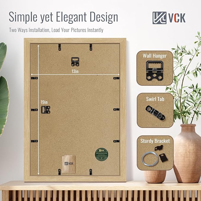 VCK 13x19 Picture Frame Set of 4 - Oak, Gallery-Quality Wood Poster Frames, 1.1-Inch Wide Border, Polished Plexiglass, Vertical or Horizontal Wall Display for Photo/Art/Prints, Natural Oak