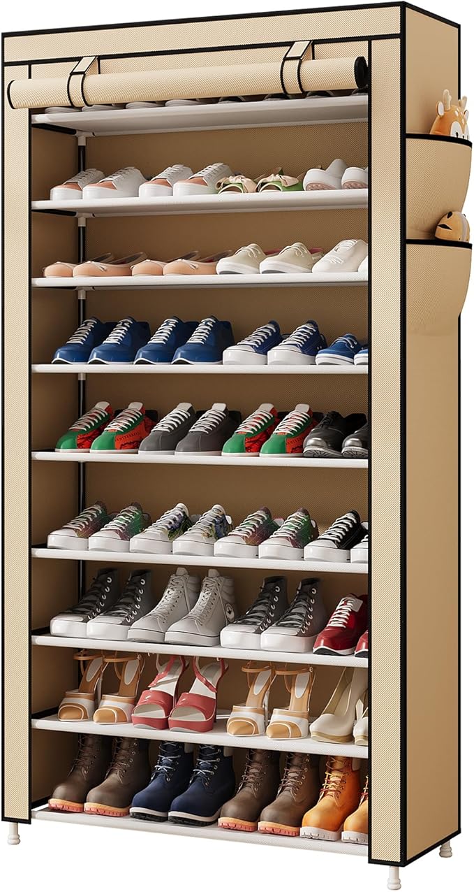 Laiensia 9-Tier Shoe Rack ，Space Saving Shoe Storage Organizer Non-Woven Cover Shoe Shelf Holds 36-45 Pairs for Bedroom, Hallway, Entryway, Beige