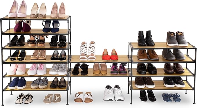 Seville Classics Sturdy Freestanding Storage Shelf for Bedroom, Closet, Entryway, Dorm Room Organizer Stackable Durable Metal Shoe Rack Countryside Aspen Slat, 2-Tier