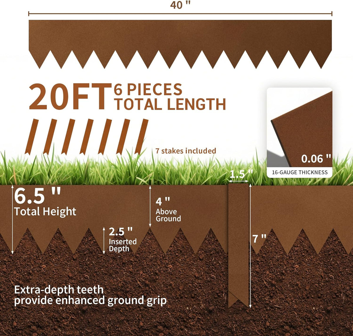 Worth Garden 20ft. Galvanized Steel Landscape Edging - 6-Pack 6.5" x 40" Metal Edging for Landscaping with 7 Stakes, Bronze Powder Coating Hammer-in Lawn Edging for Yard Pathway Divider