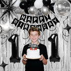 11th Birthday Decorations for Boys Girls, Black Silver Happy Birthday Party Decorations， 11 Year Old Party Supplies with Number 11 Balloons, Banner, Fringe Curtains Kit