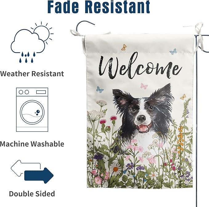 Floral Border Collie Garden Flag Spring Summer Yard Flag Flower Dog Garden Flags for Outside Small Outdoor Welcome Flags 12x18 Double Sided