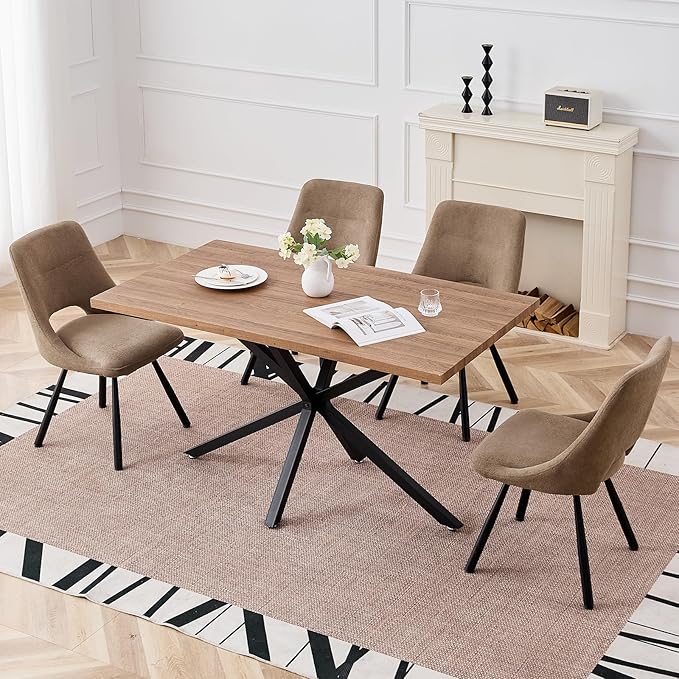55.1 Inch Dining Table for 4 6 People Rectangular Wooden Kitchen Tables Mid Century Modern Dinner Table Long Dinning Room Table with Metal Cross Legs for Kitchen Living Room Comedor(Brown)