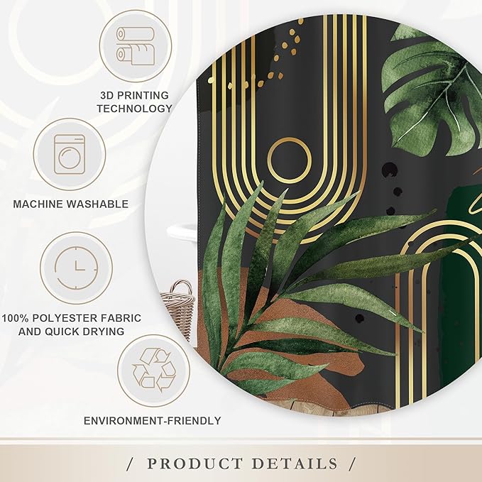 Glawry Dark Green Gold Boho Mid Century Shower Curtain Extra Long Abstract Minimalist Tropical Modern Geometric Leaf Bathroom Simple 72Wx84L Inches Bath Accessories Art Home Decor Fabric 12 Pack Hook