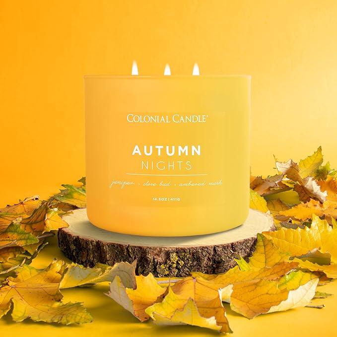 Colonial Candle Autumn Nights Scented Jar Candle, Pop of Color Collection, 3 Wick, Yellow, 14.5 oz - Up to 60 Hours Burn