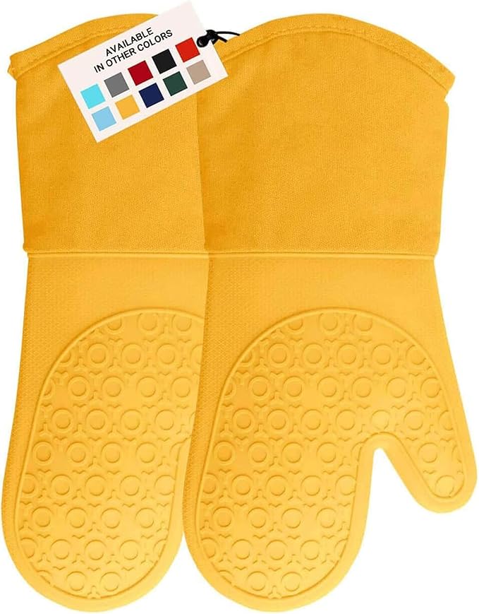 BPA-Free Soft Silicone Oven Mitts - Ultra Heat Resistant Oven Mitts with Thick Cotton Liner - Long Slip Resistant Pot Holders, Flexible Oven Gloves - Yellow 13.7"