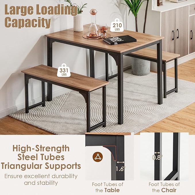 NAFORT 3-Piece Modern Dining Table Set for 4, 43.5" x 27.5" x 29.5", Black, Space-Saving with Under-Bench Storage, MDF Wood & Metal Frame, Ideal for Home & Restaurant