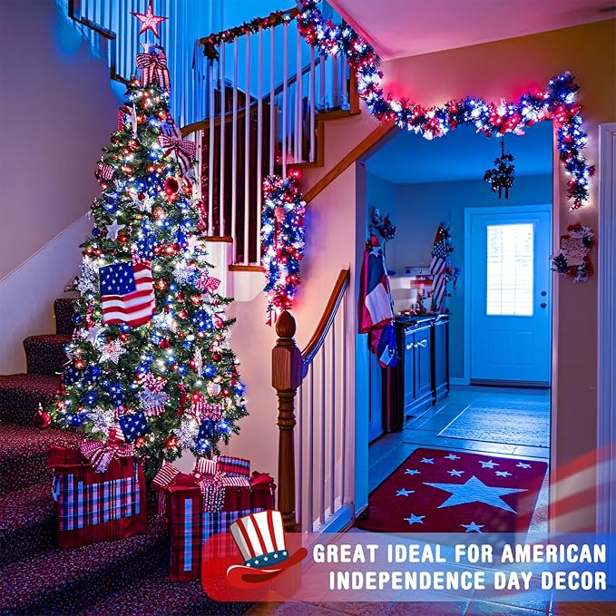 JMEXSUSS 400 LED Red White and Blue Lights Plug in, 4th of July Decorations Patriotic Lights Outdoor for American Holiday Tree Party Independence Memorial Day Decor