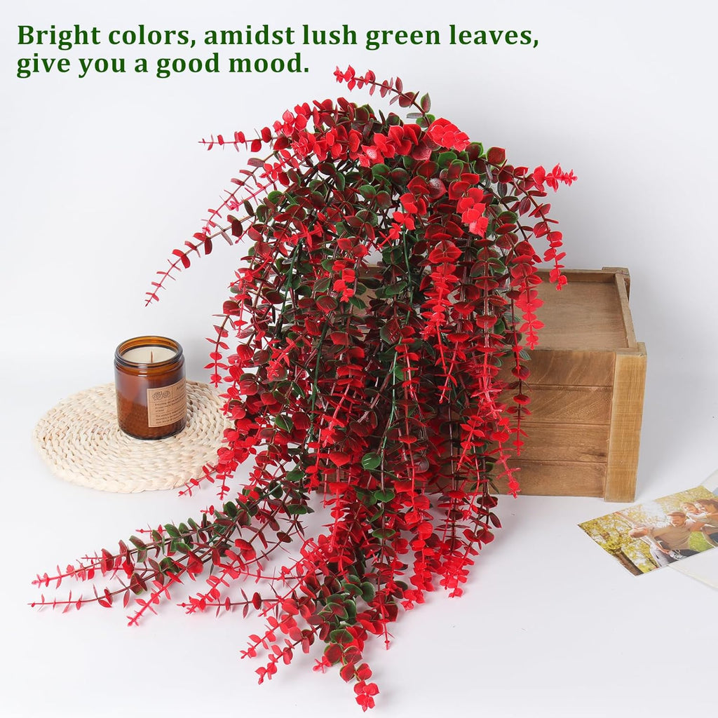 Hanging Artificial Plants Fake Vine Hanging Eucalyptus Leaf Plant Artificial UV Resistant Hanging Green Plant Faux Plants Hanging Wall Decor Outdoor Front Door Yard Garden Porch Decorations(Red)