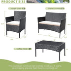 Greesum Patio Furniture 4 Pieces Conversation Sets Outdoor Wicker Rattan Chairs Garden Backyard Balcony Porch Poolside loveseat with Cushion and Glass Table, Black and Beige