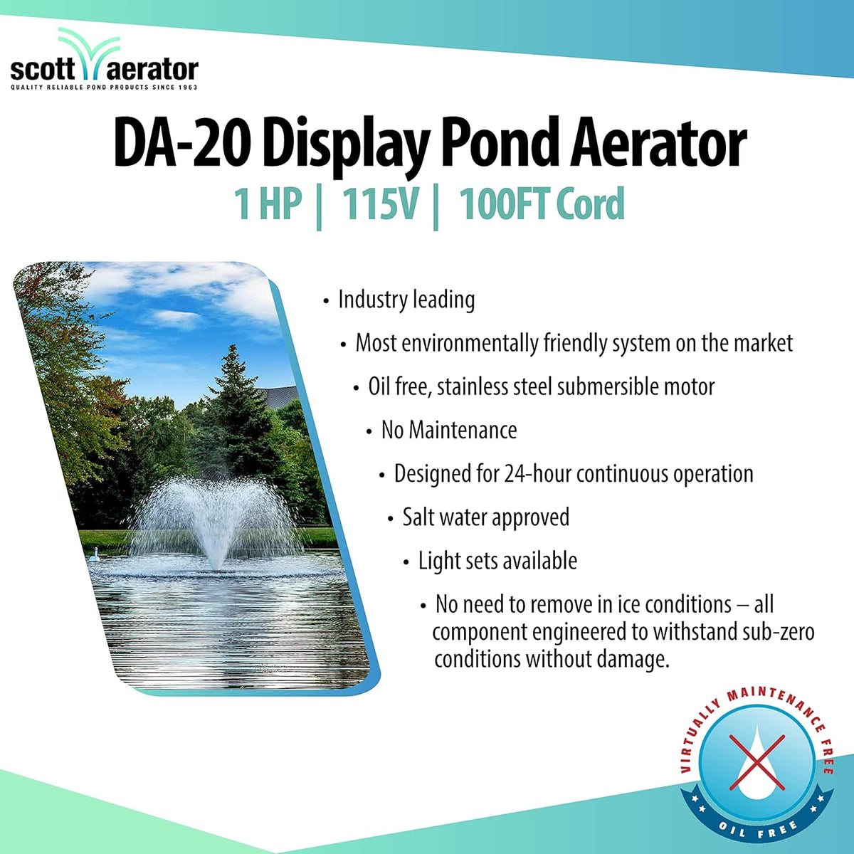 Scott Aerator DA-20 Display Pond Aerator - 1 Horse Power 115V 100ft Cord | Aerating Pond Fountain for up to 1 Acre Ponds | Pond Aerator Pump for Small Ponds | Pond Aeration Systems