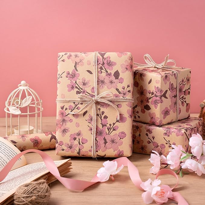 RUSPEPA Cherry Blossom Wrapping Paper Roll for Women Girls, Mini Roll, Pink Sakura Floral Kraft Gift Wrap Paper Perfect for Spring, Wedding, Birthday and Special Occasions, 17 Inches x 16.4 Feet