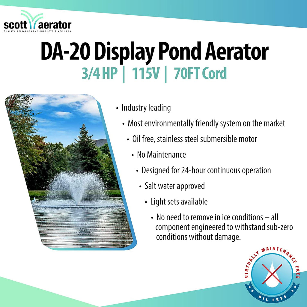 Scott Aerator DA-20 Display Pond Aerator - 3/4 Horse Power 115V 70ft Cord | Aerating Pond Fountain for Up to 1 Acre | Pond Aerator Pump for Small Ponds | Pond Aeration System