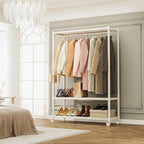 IZEUK Heavy Duty Rolling Clothing Rack with Clothes Hanging Rod, 3-Tier Adjustable Metal Wardrobe Closet Organizer with Side Hooks, Garment Rack on Wheels, 45.3" W x 17.7" D x 70.3" H, Gold