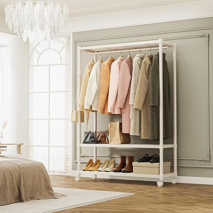 IZEUK Heavy Duty Rolling Clothing Rack with Clothes Hanging Rod, 3-Tier Adjustable Metal Wardrobe Closet Organizer with Side Hooks, Garment Rack on Wheels, 45.3" W x 17.7" D x 70.3" H, Gold