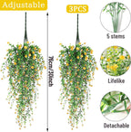 Artificial Hanging Flowers, 3 Pcs Fake Hanging Plants Artificial Vines for Outdoors, Fake Ivy Vine UV Resistant No Fade Faux Plants for Indoor Outside Garden Patio Yard Greenery Decoration (Yellow)
